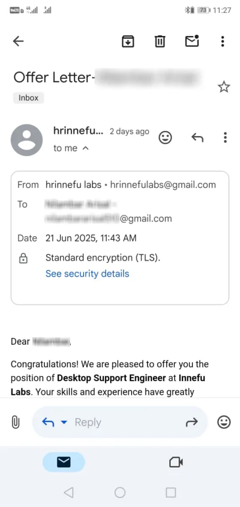 Scammer's Email to Candidate
