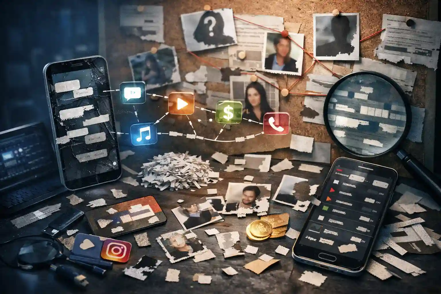 Digital activity spread across chats, media, transactions, and call records