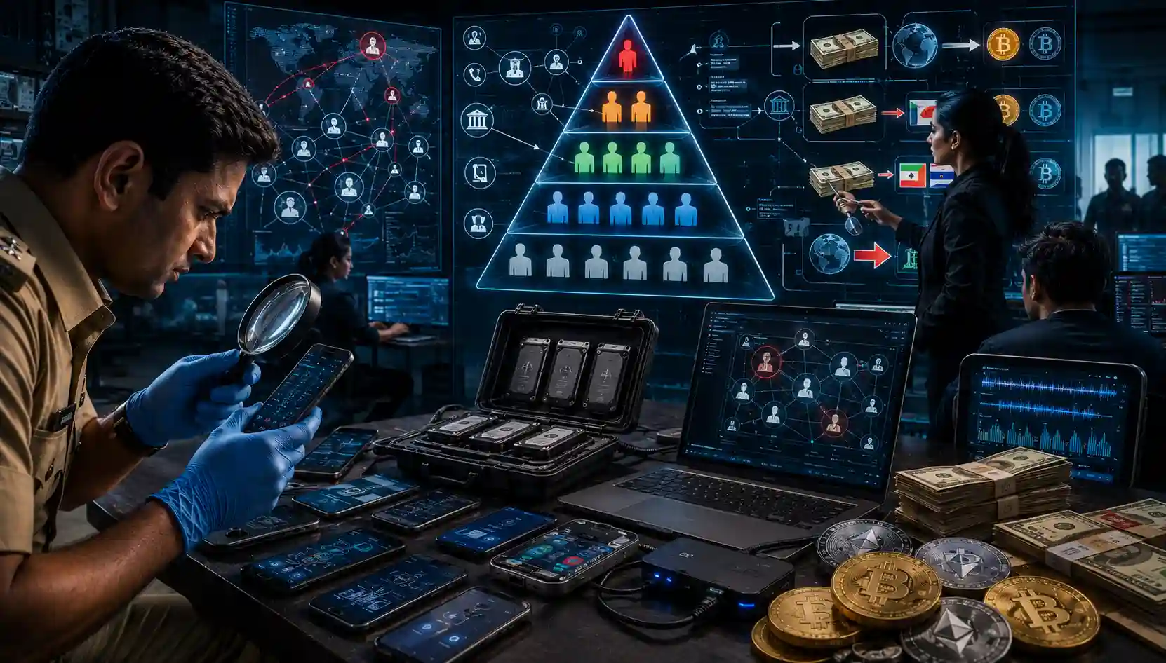 A five-tier fraud and laundering network