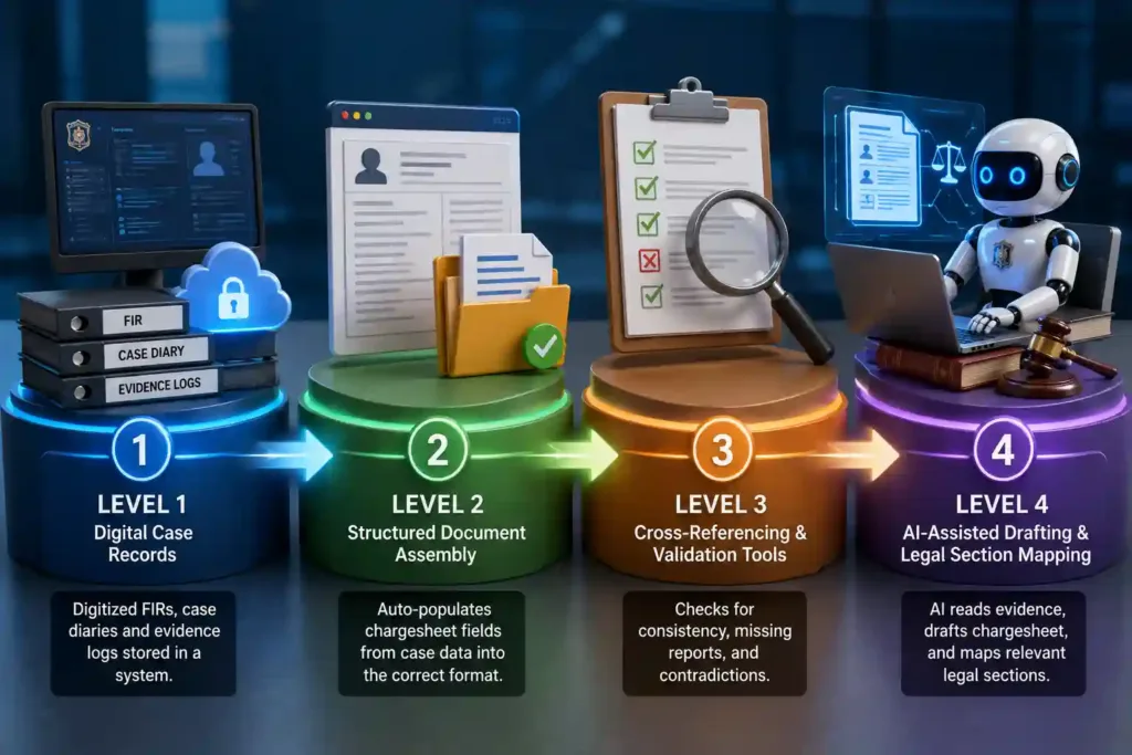 Diagram showing the spectrum of chargesheet automation from digital records to AI-assisted drafting