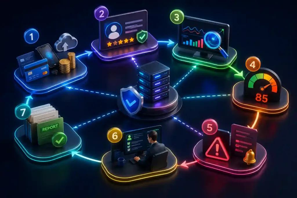 Diagram showing the transaction monitoring process from data collection to alert investigation