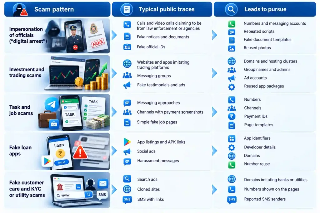 Diagram of Common Indian scam patterns and the OSINT leads they offer