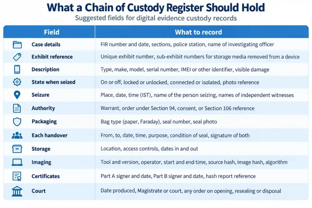 Diagram of What a chain of custody register should hold
